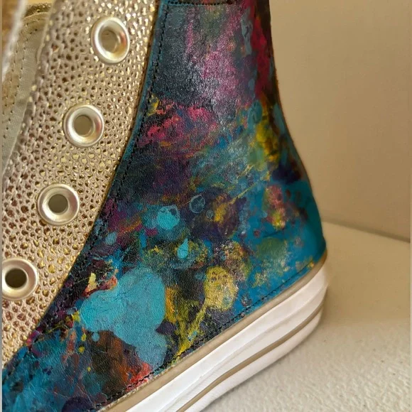 Converse Gold Leather with Custom leather panels painted by Annie Chajin. OOAK - Picture 11 of 11
